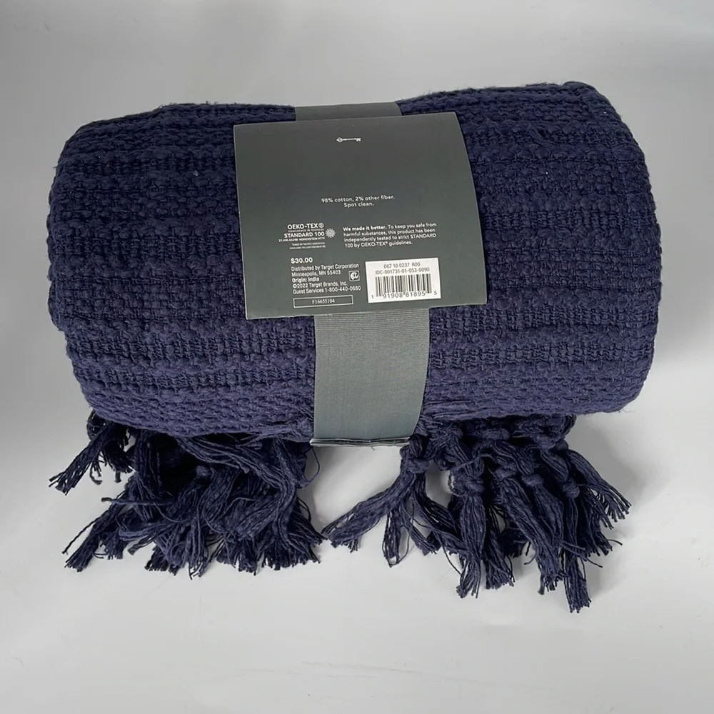 Threshold Cotton Throw Blanket Fringed Edges Navy Blue